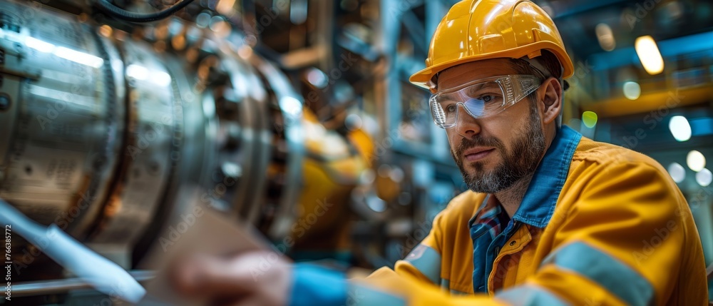 Poster Mechanical factory engineers reading instructions. Engineer and businessman meeting. On-site team discussion.