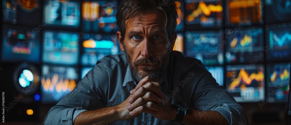 Aufkleber Specialist working in a system control center filled with screens displaying varied information.