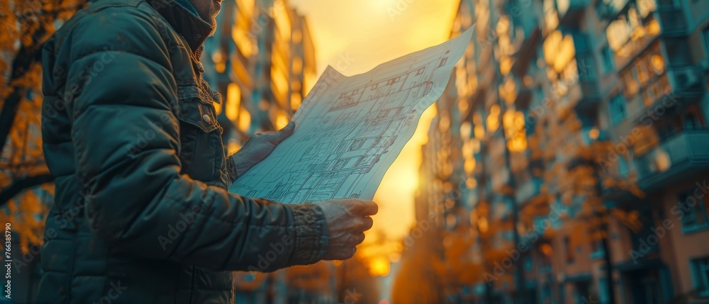 Poster Engineers on construction site holding blueprint. Building inspector inspecting new building drawing and workflow.