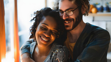 A diverse couple shares a warm embrace at home, smiling contentedly - Powered by Adobe