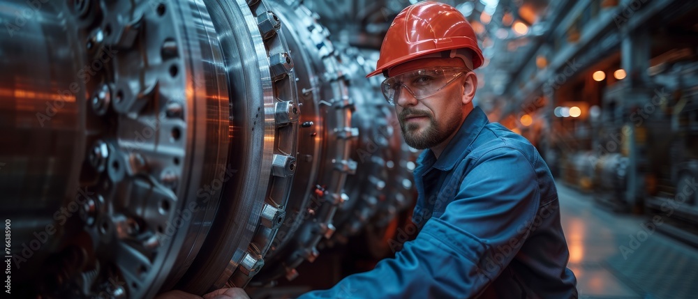 Poster An industrial engineer design a turbine/engine in 3D on a computer using CAD software within a heavy industry factory.
