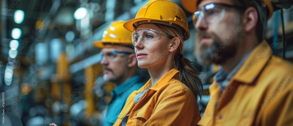 Poster a group of industrial engineers work in the heavy industry manufacturing facility while using laptop