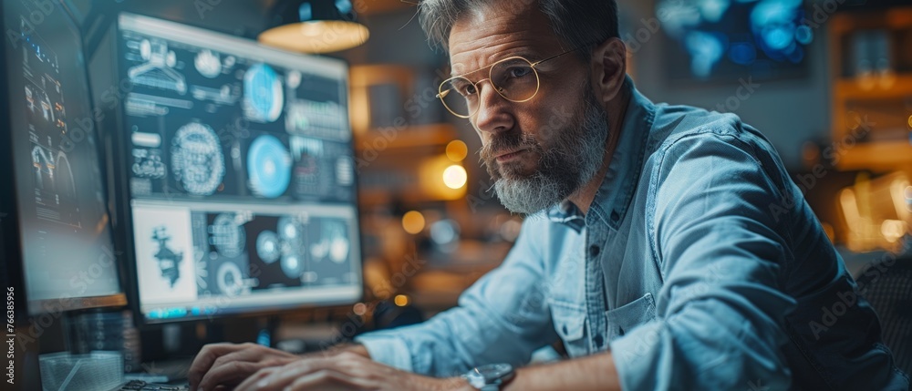 Poster CAD Programmer/Engineer on a PC with two monitors, designing a new component in CAD program. Factory on the other side of the window is seen making components.