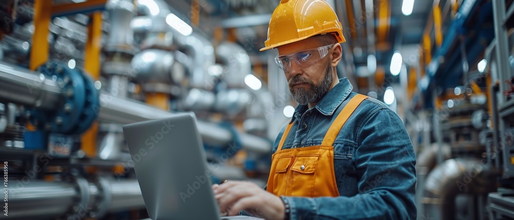 Poster Mechanic in hard hat holds laptop with 3D model of component on screen. Modern factory equipment in the background.