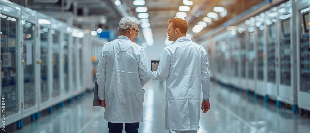 Poster as they walk through a modern factory, the head of the project holds a laptop and discusses product 