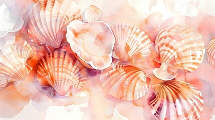 Vibrant watercolor illustration of underwater shells. Colorful seashell background for prints, depicting the beauty of the underwater world. Beach aesthetics. Watercolor texture. - obrazy, fototapety, plakaty