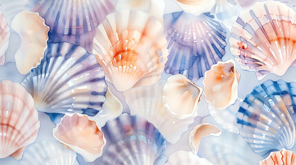 Watercolor underwater theme adorned with shells. Colorful seashell backdrop for print designs, capturing the essence of the underwater world. - obrazy, fototapety, plakaty