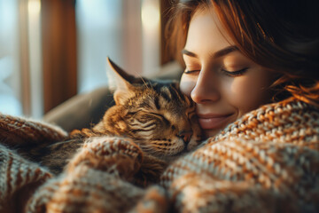 Happy people at home with favorite pet , love and friendship of human and animal, Young woman embracing cat with love