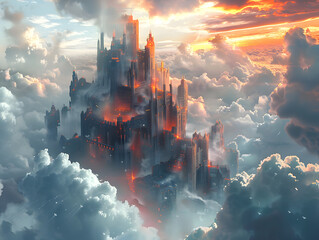 Fortress in the Clouds: Ethereal Abstract Background with Mystical Defense Elements