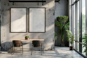 Two vertical frames Mockup hanging on office wall. Mock up of billboards in modern concrete company interior 3D rendering