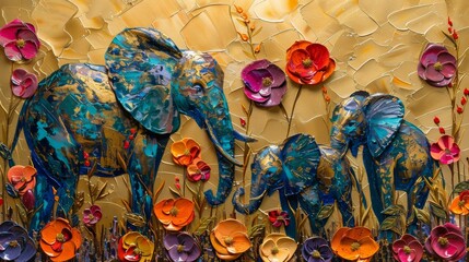 Flower, leaf, animal prints, elephants, zebras, horses, sprinkle paint on paper, metallic gold texture. Prints, wallpapers, posters, cards, murals, rugs, hangings, wall art.