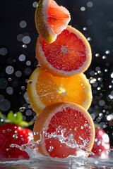 Fruit cut into 4 pieces flying through the air with a splash
