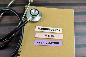 Concept of Fluorescence in Situ Hybridization write on sticky notes with stethoscope isolated on...
