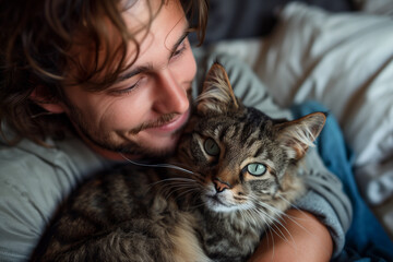 Happy people at home with favorite pet , love and friendship of human