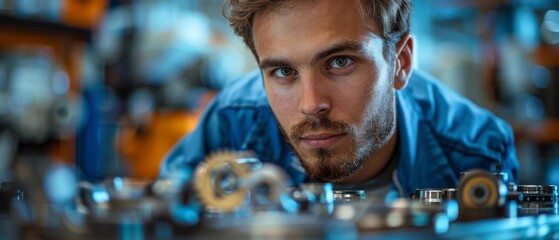 Isolated on a blue background, a close up of a young male engineer in blue overalls taking precision measurements of metal parts with a micrometer. - obrazy, fototapety, plakaty