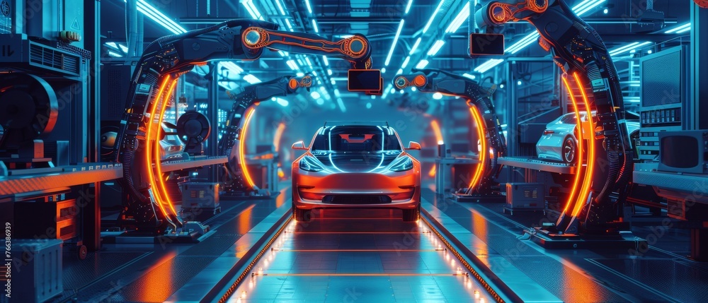 Leinwandbilder an automated robotic assembly line for manufacturing high-tech green energy electric vehicles. an ar