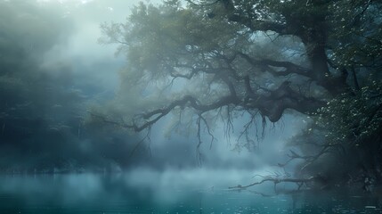 A dense fog covering a mystical lake surrounded by ancient trees, creating an otherworldly and atmospheric scene.