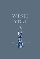 Blue glitter bunny, with "I wish you a happy easter" lettering, blue background
