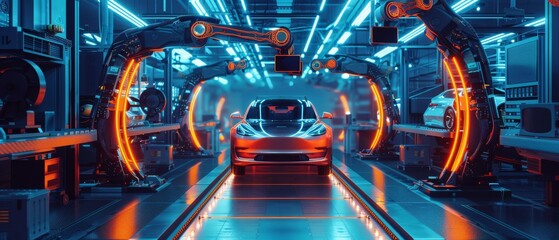 An automated robotic assembly line for manufacturing high-tech green energy electric vehicles. An artificial intelligence computer vision system is used to analyze, scan, and analyze production - obrazy, fototapety, plakaty