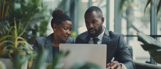 Male CEO and female partner discuss problem solving in office, while looking at laptops. Smart Businesspeople in Finance Work Together. Teamwork Concept. - obrazy, fototapety, plakaty