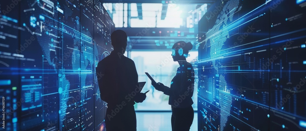 Aufkleber A tablet computer and a visualization of big data statistics are used by two industrial engineers at the high-tech electronics facility to optimize production, demonstrating the benefits of factory