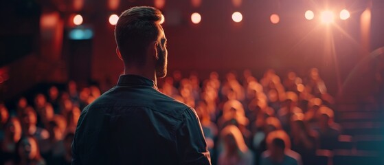 In a dark, crowded auditorium at an international tech conference, a man asks a question to a speaker. A young specialist expresses an opinion.