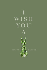 Green glitter bunny, with "I wish you a happy easter" lettering, green background

