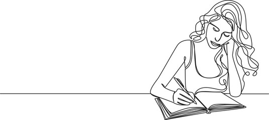 continuous single line drawing of woman taking notes in journal or diary, line art vector illustration