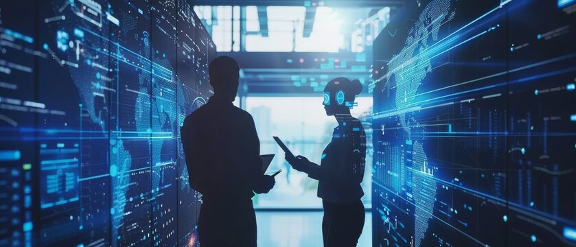 A tablet computer and a visualization of big data statistics are used by two industrial engineers at the high-tech electronics facility to optimize production, demonstrating the benefits of factory - Powered by Adobe