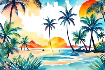 Fototapeta na wymiar Watercolor painting of palms, palm tree beach with ocean sea, sunset or sunrise
