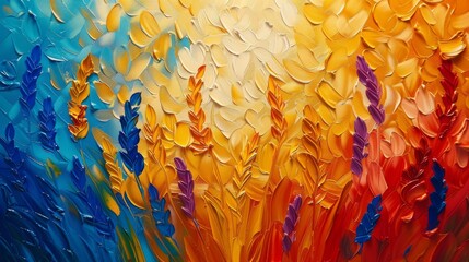 Abstract art. Plants, flowers, golden grains. Freehand. Oil on canvas. Brush the paint. Modern art. Abstract landscapes, forests, prints, wallpaper, posters, cards, murals, carpets, hangings,