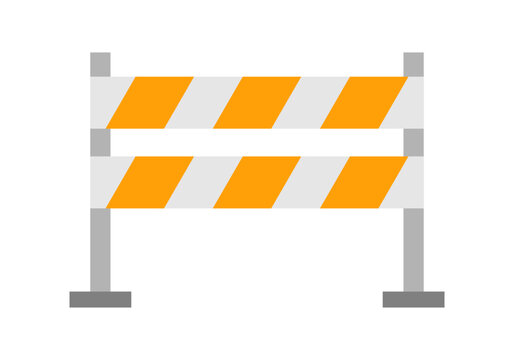 Valla o barrera de aviso por calle cortada por obras, naranja y blanca. 