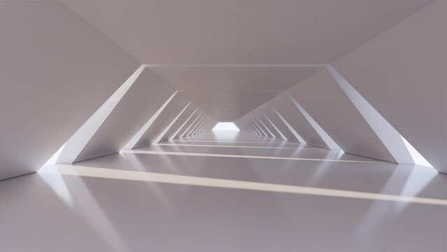 White hexagonal tunnel with sunlight, modern architecture, 3d animation walkthrough rendering