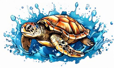 Majestic sea turtle gracefully gliding through crystal clear waters of ocean. For educational materials for kids, game design, animated movies, tourism, stationery, Tshirt design, clothing design.