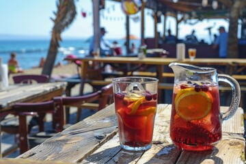 Relaxing Seaside Sangria on Sunny Beachside Table, Chilled sangria in a jug and glass, with a vibrant beach setting