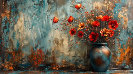 The modern painting is abstract, it has metal elements, a texture background, flowers, plants, flowers in a vase... - obrazy, fototapety, plakaty