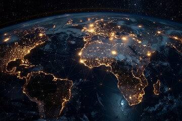 Illuminated Network Grid Over Earth at Night, Night view of Earth with glowing network connections across continents
