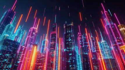 The futuristic cityscape background embraces a cyberpunk concept alongside colorful neon lights.
 - obrazy, fototapety, plakaty