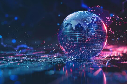 Futuristic Digital Globe with Cityscape and Network Particles, A sparkling digital world globe over a city grid with dynamic data particles