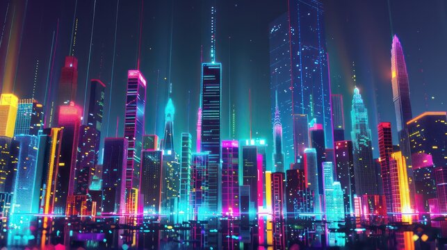 A cyberpunk concept with colorful neon lights creates a futuristic cityscape background. © Matthew
