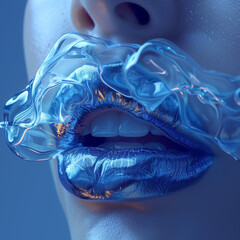 glossy blue lipstick, shiny liquid dripping from mouth, hyper realistic. Fashion illustration beautiful background