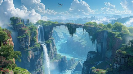 Majestic Waterfalls Cascading Through a Fantastical 3D Landscape of Towering Cliffs,Lush Foliage,and Serene Rivers