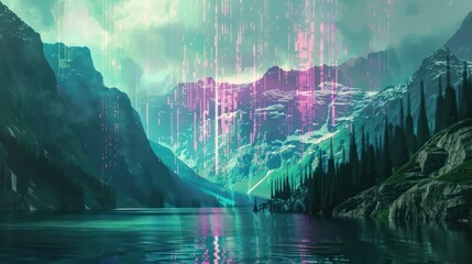 Neon data streaming up from a mountain lake creates a futuristic atmosphere in this background, with vivid colors and pixel art.
