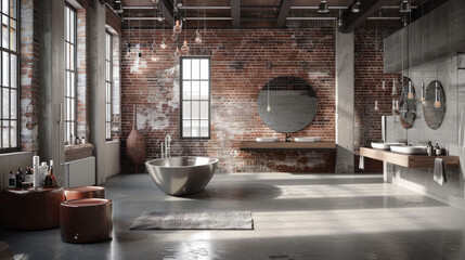 A modern industrial bathroom with exposed brick walls, concrete floors, and stainless steel fixtures