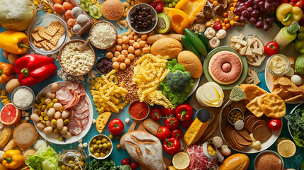  A diverse collection of fresh fruits and vegetables displayed on a blue table. Food waste. Healthy eating. A feast.