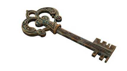 old thick rusty metal key from a castle or palace with decorative ornaments, isolated on a blank transparent background
