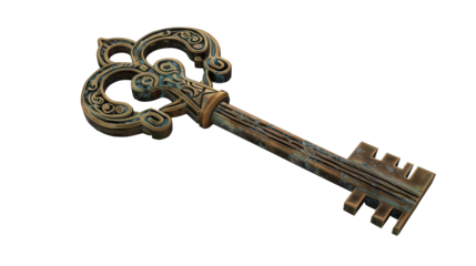 old thick rusty metal key from a castle or palace with decorative ornaments, isolated on a blank transparent background