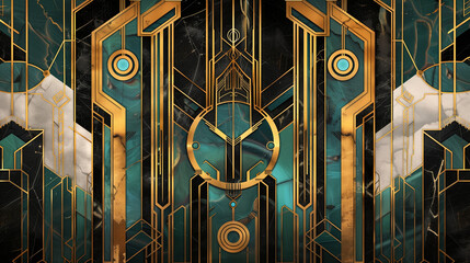Abstract wallpaper with golden lines and circles, and a turquoise blue marble background, with an elegant and minimalist Art Deco style - obrazy, fototapety, plakaty