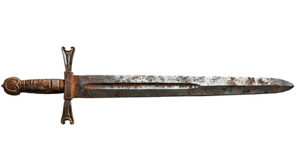 Ancient medieval sword of rusty metal, sharp, belonging to a hero, king, or noble, isolated on a blank transparent background in PNG format.