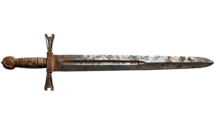 Ancient medieval sword of rusty metal, sharp, belonging to a hero, king, or noble, isolated on a blank transparent background in PNG format.